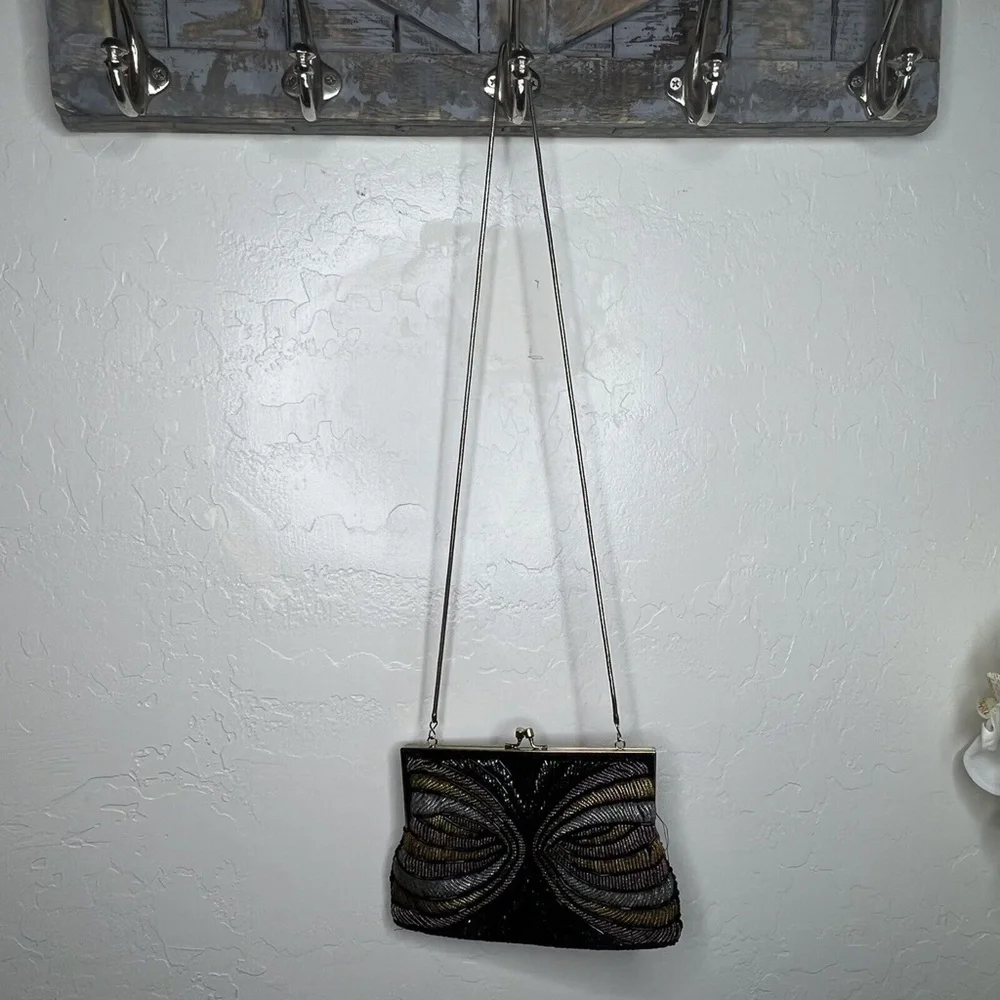 Vintage La Regale Beaded Black Crossbody Bag Evening Purse Chain Strap Handmade